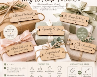 Personalized Wooden Gift Tag, Custom Engraved, Reusable Wood Present Tag, Christmas Wedding Favor