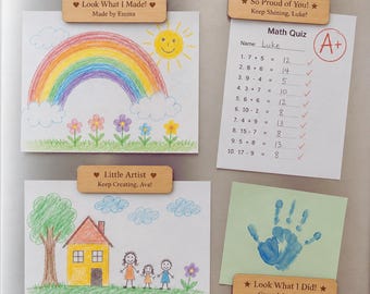 Personalized Wood Artwork Magnet, Engraved Child Drawing Display Holder