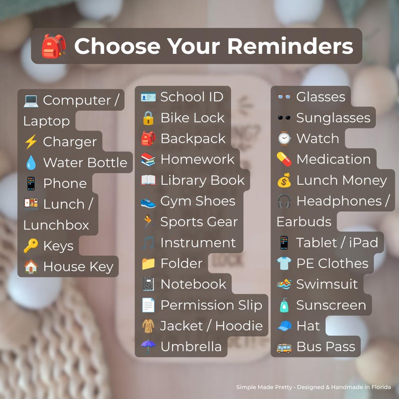 May include: A rectangular wooden checklist sign titled Choose Your Reminders with three columns of icons and text labels for daily items like Computer, Laptop, Charger, Water Bottle, Phone, Lunch, Keys, School ID, Bike Lock, Backpack, and more.
