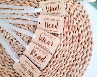 Wooden Christmas Gift Tags, Want Need Wear Read Play Keepsake Set