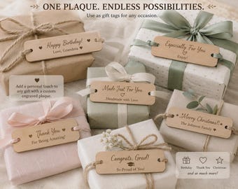 Personalized Wooden Gift Tag, Custom Engraved, Reusable Wood Present Tag, Christmas Wedding Favor