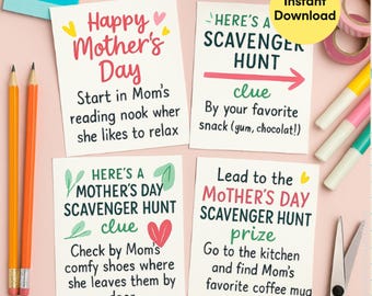 Búsqueda del tesoro del Día de la Madre – Tarjetas de pistas imprimibles – Juego divertido para niños – Descarga instantánea en PDF