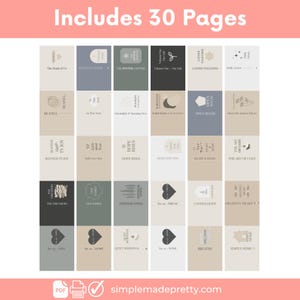 Puede incluir: Una colecci&oacute;n de 30 p&aacute;ginas con varios t&iacute;tulos y dise&ntilde;os, incluyendo "The Book of Us", "Vintage Edition" y "The Winter Chapter". El dise&ntilde;o presenta una paleta de colores neutros con texto e ilustraciones sencillas. El texto "Includes 30 Pages" est&aacute; en la parte superior.