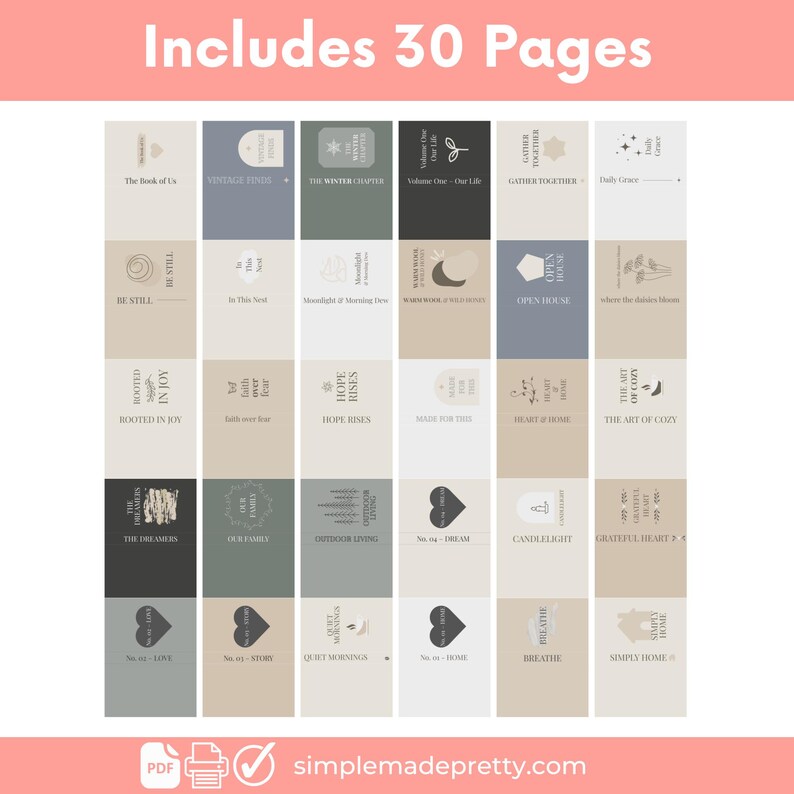 Puede incluir: Una colecci&oacute;n de 30 p&aacute;ginas con varios t&iacute;tulos y dise&ntilde;os, incluyendo "The Book of Us", "Vintage Edition" y "The Winter Chapter". El dise&ntilde;o presenta una paleta de colores neutros con texto e ilustraciones sencillas. El texto "Includes 30 Pages" est&aacute; en la parte superior.