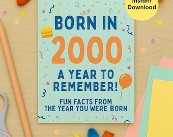 Tarjeta de cumpleaños "Nacido en el año 2000" - Recuerdo con datos curiosos (descarga digital)