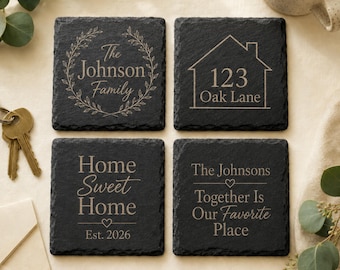 Personalized New Home Coaster Set, Custom Family and Address Gift, Premium Realtor Closing Gift, Engraved Slate
