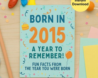 Tarjeta de cumpleaños imprimible "Nacido en 2015" - Recuerdo con datos curiosos (descarga instantánea)