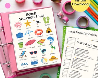 Búsqueda del tesoro en la playa y lista de equipaje / Imprimibles para vacaciones familiares (descarga digital)