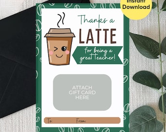 Porta tarjetas de regalo imprimible para maestros – Diseño de agradecimiento a un café con leche – PDF de agradecimiento a los maestros – Descarga instantánea