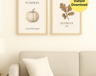 Juego de 6 piezas de arte mural botánico otoñal con hojas de otoño imprimibles, calabaza, trigo, arándano, roble y eucalipto. Decoración otoñal rústica neutra.