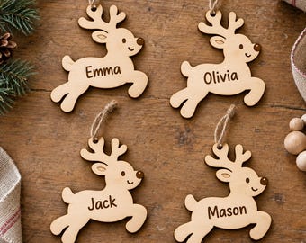 Personalized Reindeer Christmas Ornament, Engraved Wood Name Ornament, Reindeer Stocking Tag, Set of 1–8