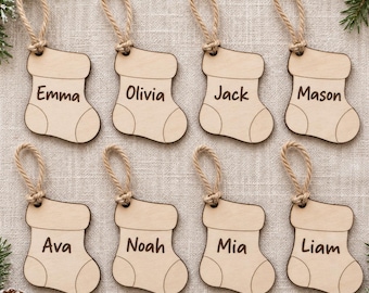 Personalized Wood Christmas Stocking Ornament, Engraved Name Stocking Tag, Family Ornament Set of 1–8