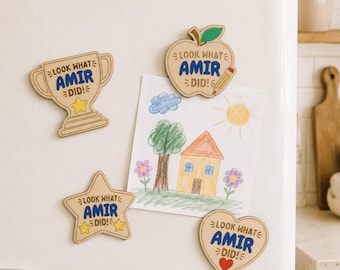 Personalized Kids Artwork Magnet, Look What I Made Fridge Magnet, Child Art Display, Wooden Refrigerator Magnet, Gift for Mom Grandma