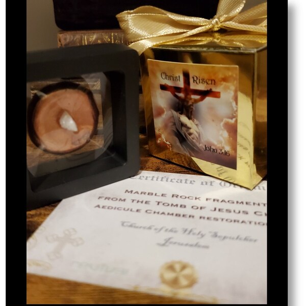 Shroud of Turin Byzantine styled reliquary Stones from Tomb of Jesus Renovation Church of the Holy Sepulchre