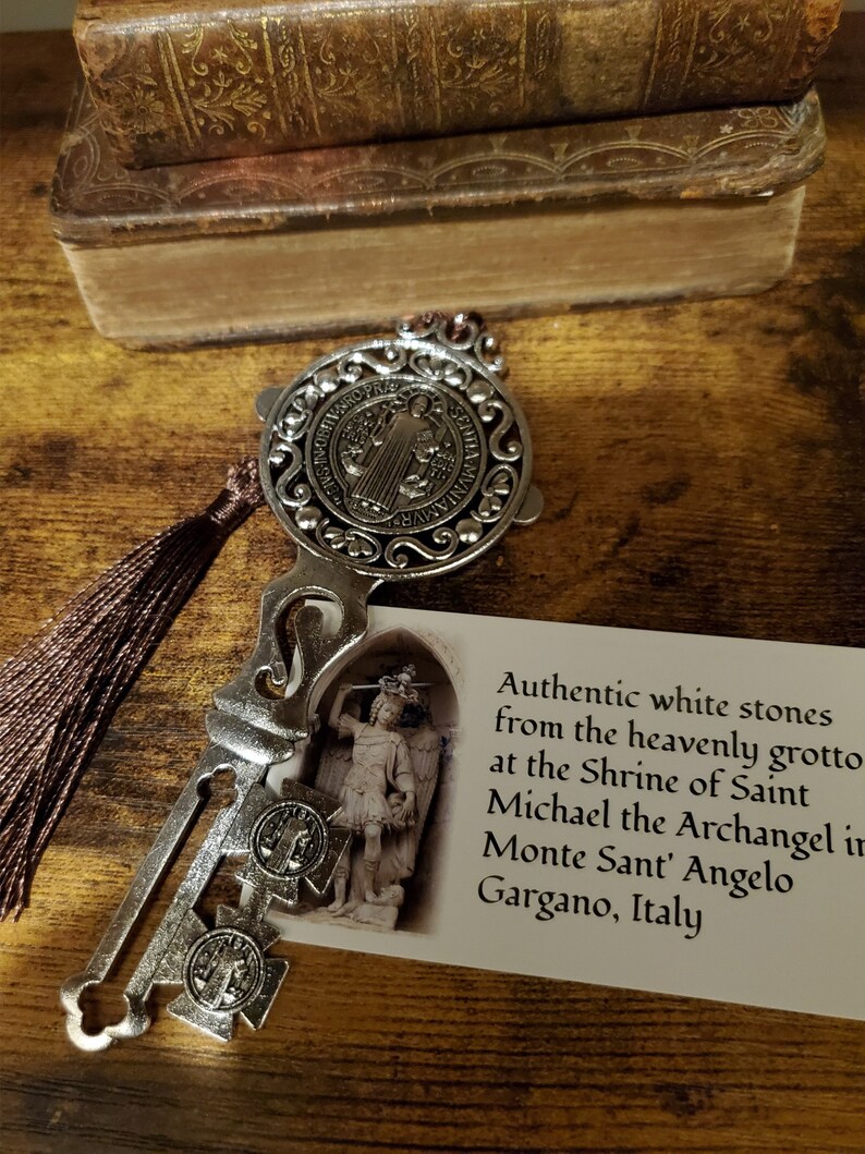 St. Benedict Key Prayer Medallion With St. Michael Relic Cave Stone