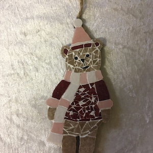 Mosaic decorative bear to hang or stand. 18cm x 7.5cm. wooden stand