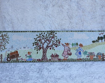 Tableau "Scène de jardin" naïve en micro mosaïque avec paysage en arrière plan