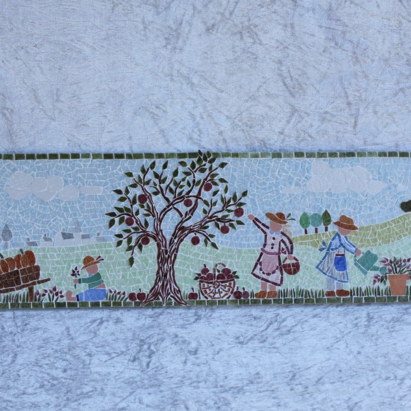 Tableau "Scène de jardin" naïve en micro mosaïque avec paysage en arrière plan