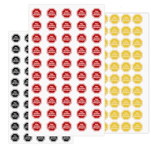 May include: Three sheets of stickers with a stop sign design. The stickers are black, red, and yellow. The text on the stickers reads "May Contain Allergens".