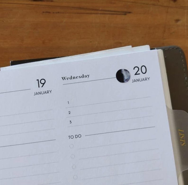 May include: Open planner showing the dates January 19 and 20, Wednesday, with a moon phase graphic. The planner has a section for to-do lists and a tab labeled "LISTS". The pages are white with gray text.