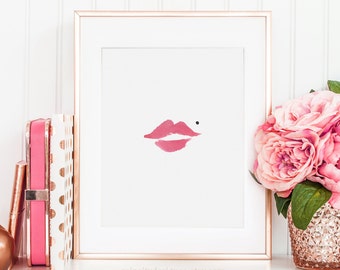 Pink Lips Print, Kiss Print, Fashion Print, Makeup Art, Makeup Print, Beauty Print, Lipstick Art, Vanity Decor, Bathroom Decor, Printable