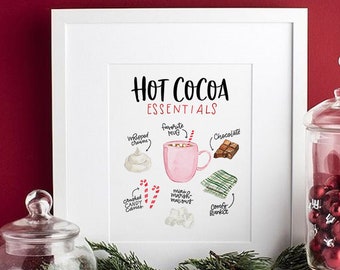 ホットココアの必需品プリント、ホットココアバーのプリント、バーカートアート、ホットチョコレートのプリント、クリスマスの必需品、クリスマスの装飾、ウォールアート