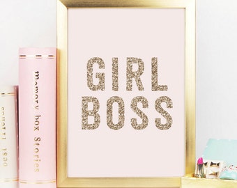 Girl Boss, Gold Decor, Gold Glitter, Girl Boss Print, Boss Lady, Office Decor, Desk Accessories, Gift For Her, Inspirational Quote,Printable