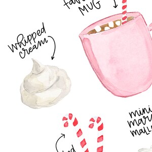 Puede incluir: Una ilustraci&oacute;n de acuarela de una taza rosa llena de chocolate caliente, coronada con malvaviscos y una pajita roja y blanca a rayas. La ilustraci&oacute;n tambi&eacute;n incluye crema batida, bastones de caramelo y mini malvaviscos.
