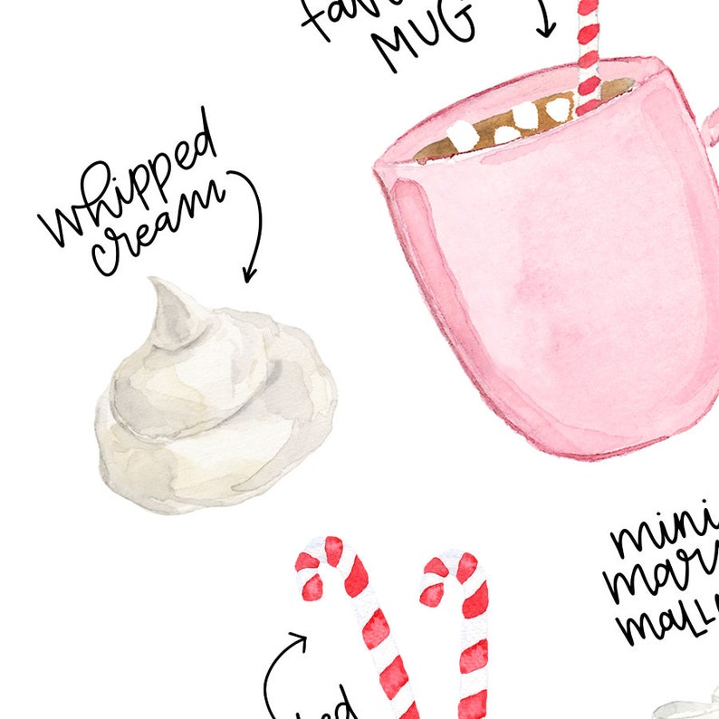 Puede incluir: Una ilustraci&oacute;n de acuarela de una taza rosa llena de chocolate caliente, coronada con malvaviscos y una pajita roja y blanca a rayas. La ilustraci&oacute;n tambi&eacute;n incluye crema batida, bastones de caramelo y mini malvaviscos.