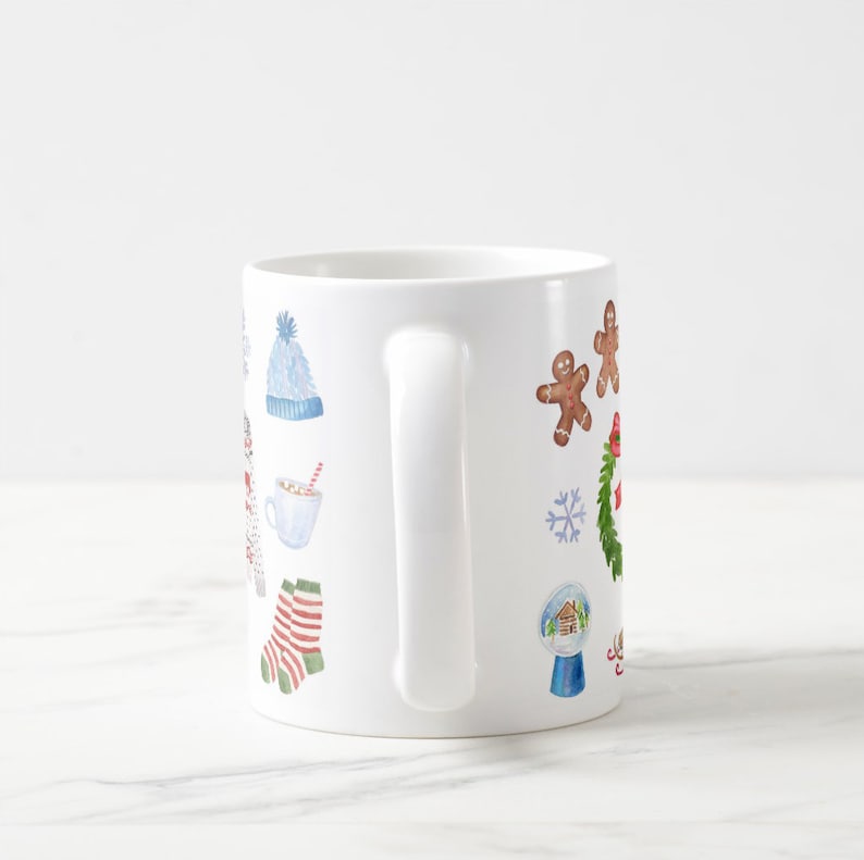 May include: White ceramic mug with a winter holiday theme. The mug features illustrations of a snowman, a gingerbread man, a snowflake, a wreath, a winter hat, a cup of hot chocolate, a pair of socks, and a snow globe.