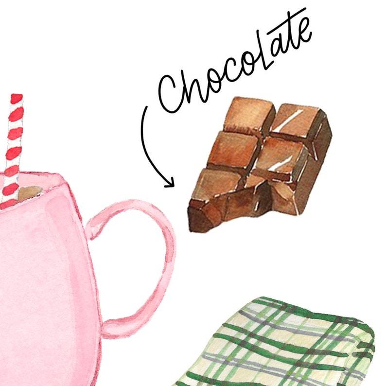 Puede incluir: Una taza rosa con una pajita de rayas rojas y blancas, una barra de chocolate y una manta de cuadros verdes y blancos. La palabra "Chocolate" est&aacute; escrita en cursiva negra sobre la barra de chocolate.