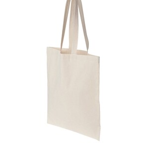 May include: A plain white tote bag with two long handles. The bag is made of natural canvas.