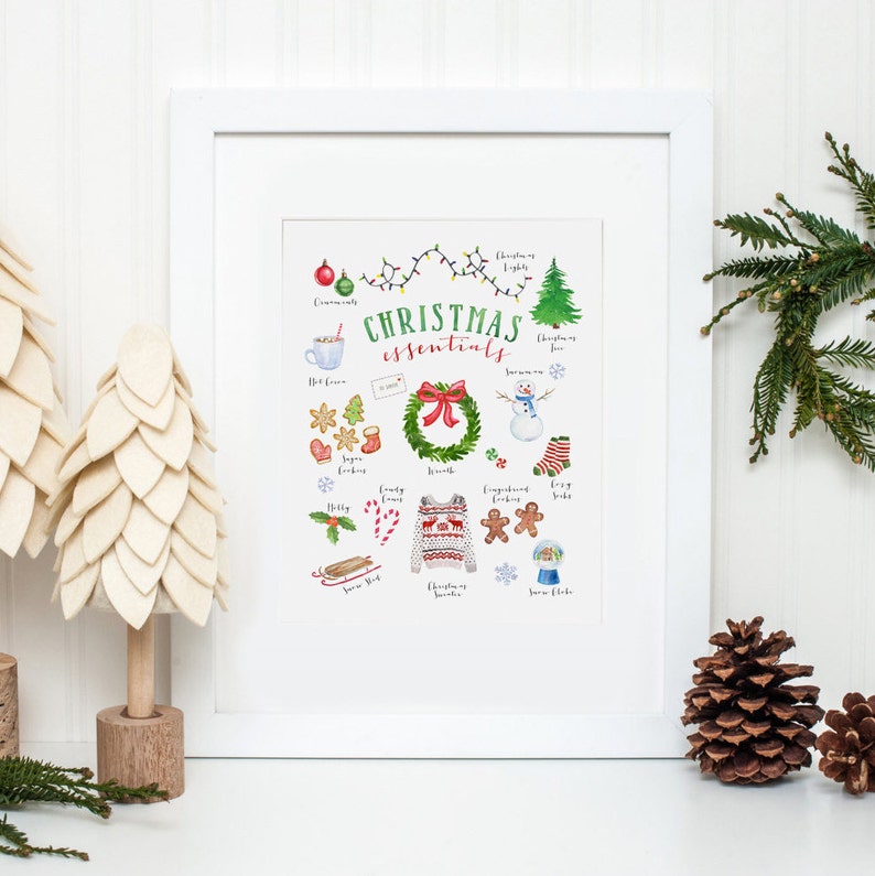 May include: A white framed print with a watercolor illustration of Christmas essentials. The illustration includes a Christmas tree, ornaments, hot cocoa, candy canes, a wreath, a snowman, gingerbread cookies, a cozy sweater, and a snow globe. The text "CHRISTMAS essentials" is written in green and red.