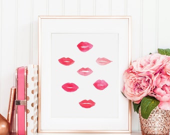 Pink Lips Print, Fashion Print, Kiss Print, Makeup Art, Makeup Print, Beauty Print, Lipstick Art, Vanity Decor, Bathroom Decor, Printable