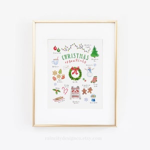May include: A watercolor illustration of Christmas essentials, including a Christmas tree, ornaments, a snowman, a wreath, candy canes, a gingerbread man, a stocking, and a sled. The text "Christmas essentials" is written in green and red.