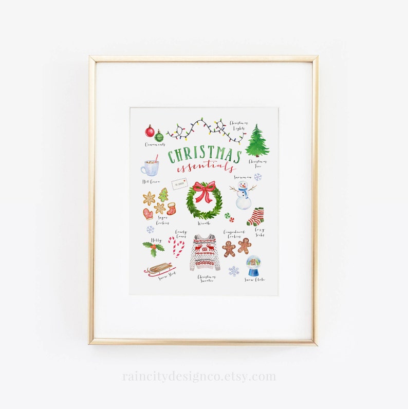 May include: A watercolor illustration of Christmas essentials, including a Christmas tree, ornaments, a snowman, a wreath, candy canes, a gingerbread man, a stocking, and a sled. The text "Christmas essentials" is written in green and red.