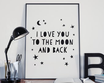 Te amo a la luna y la espalda, impresión de la guardería, cita de los niños, arte de la sala de juegos, te amo imprimir, cita de amor, cita inspiradora, arte imprimible