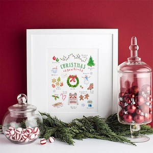 May include: A white framed print with a watercolor illustration of Christmas essentials. The illustration includes a Christmas tree, ornaments, a snowman, a wreath, a gingerbread man, a candy cane, a stocking, and more. The text "Christmas essentials" is written in green lettering.