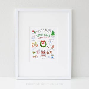 May include: A watercolor illustration of Christmas essentials, including a Christmas tree, ornaments, a snowman, a wreath, gingerbread cookies, a stocking, a candy cane, a sled, and a snow globe. The text "Christmas essentials" is written in green and white.