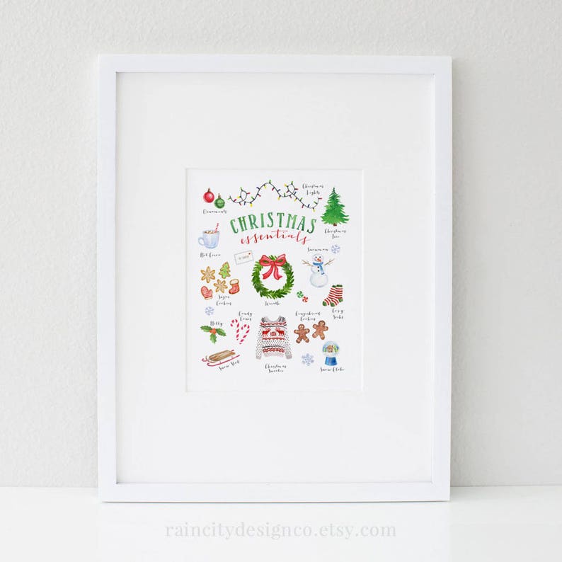 May include: A watercolor illustration of Christmas essentials, including a Christmas tree, ornaments, a snowman, a wreath, gingerbread cookies, a stocking, a candy cane, a sled, and a snow globe. The text "Christmas essentials" is written in green and white.