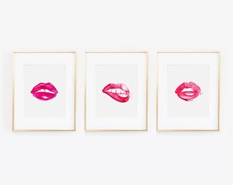Lips Print, Set of 3 Prints, Fashion Art, Pink Lipstick Print, Makeup Print, Lip Gloss Art, Fashion Wall Art, Fashion Poster, Makeup Art