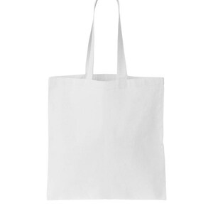 May include: A white canvas tote bag with two long handles. The bag is empty and ready to be filled with items.