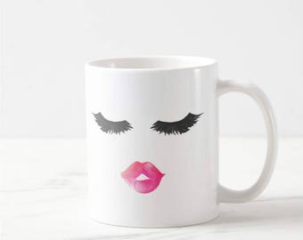 Eyelash Mug, Lips and Lashes Mug, Cute Mugs, Bridal Party, Bridesmaid Coffee Mugs, Mug Gift, Makeup Brush Cup, Gift For Her, Coffee Mug Gift