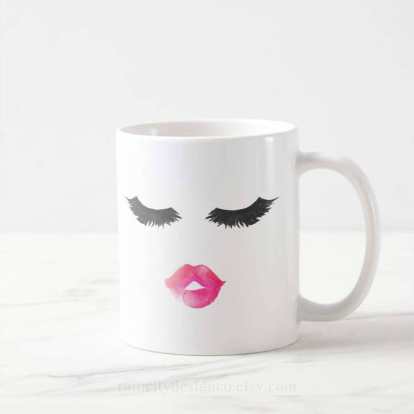 Taza de pestañas, taza de labios y pestañas, tazas lindas, fiesta nupcial, tazas de café de dama de honor, taza de taza, taza de pincel de maquillaje, regalo para ella, taza de café de regalo