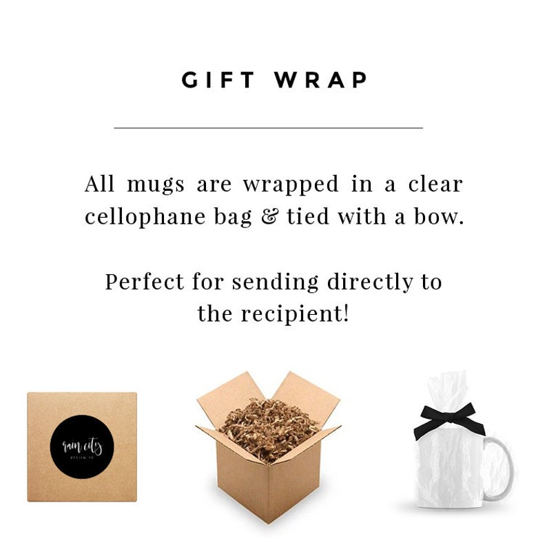 May include: A brown cardboard box with a white mug inside. The box is filled with brown packing peanuts. The mug is wrapped in a clear cellophane bag and tied with a black ribbon.