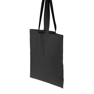 May include: A black canvas tote bag with black handles. The bag is empty.