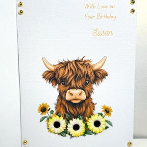 Personalised Cute Highland Cow Birthday Card For Her, Luxury Cow Greetings Card with 3D Sunflowers, Keepsake Named Card, Blank Inside
