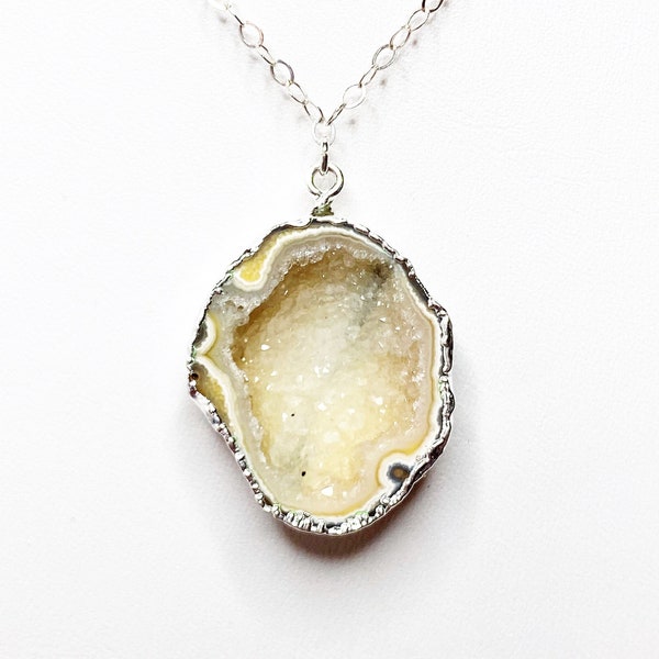 Citroen Druzy Quartz Geode Hanger, Sterling Zilveren Ketting, Edelsteen Ketting, Lichtgele Steen, Natuursteen Hanger, Kettingen voor Vrouwen