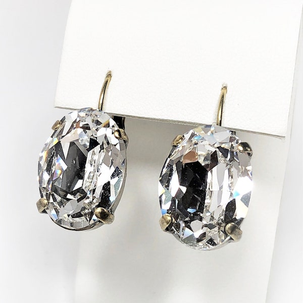 Clear Crystal Earrings, Clear Oval Dangles, Statement Drops, Antique Brass, Georgian Paste, Wedding Earrings, Rhinestone Collet Drops