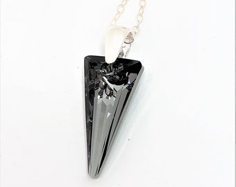 Silver Night Crystal Pendant, 925 Sterling Silver, 28mm Grey Crystal Point, Charcoal Crystal Jewellery, Black Spike Pendant Gift